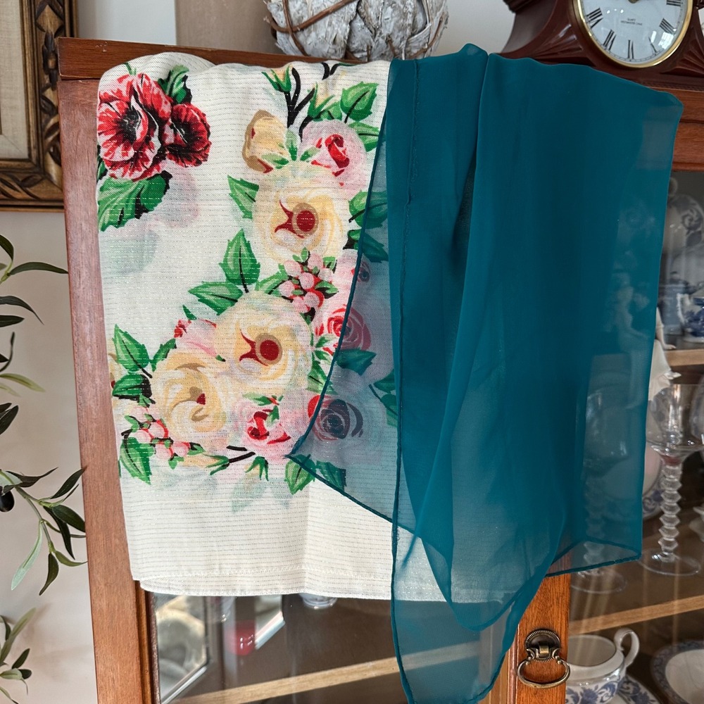 VTG 2 Women's Scarves Shawl Floral Rose Cream Gold Metallic & Solid Teal Sheer